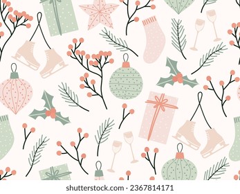 Vintage Christmas seamless pattern. Floral print with red winter berries, fir branches, Christmas toys, gifts. Bright design for Christmas decor, napkin pattern, tablecloth,wrapping paper.