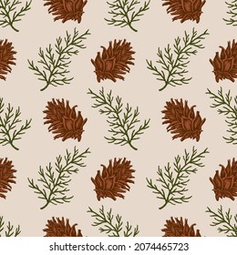 Vintage Christmas seamless pattern with green cypress branch and pine cone. Decorative background for Christmas and new year. Hand drawn vector illustration.