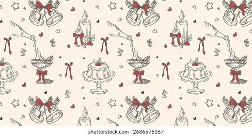 Vintage Christmas seamless pattern, hand drawn in doodle style. Minimalistic retro New Years pattern with candles, dessert, and Christmas decorations