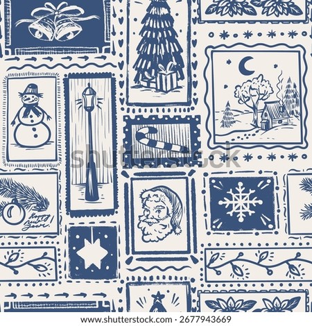 Vintage Christmas seamless pattern mark stamp holiday winter retro festive illustration background. Vector.