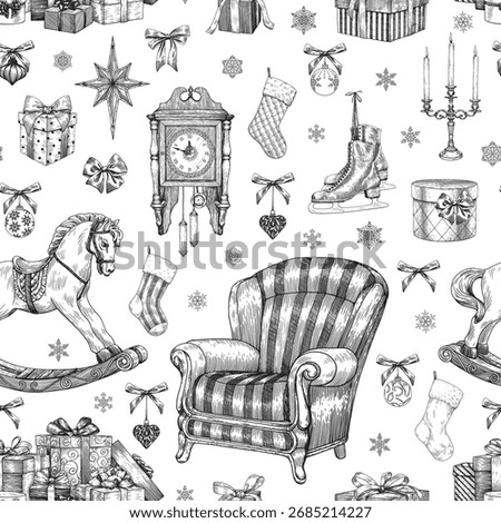 Vintage Christmas seamless pattern presents, rocking horse clock star toys bows snowflakes skates armchair. Vector background for design package, wrapping paper, decor. Hand drawn engraved Black white