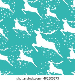 Vintage Christmas seamless pattern with Reindeers and Elks and snowballs. White and blue retro background.