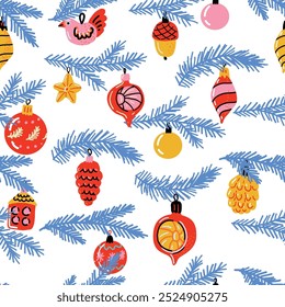 Vintage Christmas seamless pattern. Retro Christmas decoration on white background. Christmas bauble hanging on pine branches. 