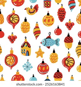 Vintage Christmas seamless pattern. Retro Christmas decoration on white background. Christmas bauble in the shape of pinecone, fish, acorn, star, bird.