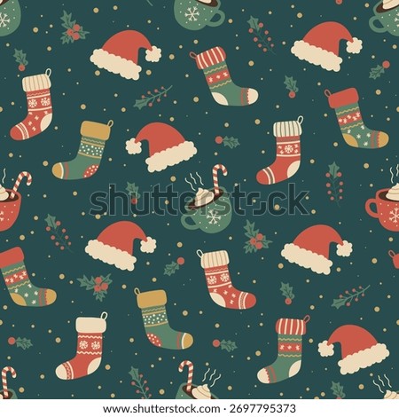Vintage Christmas seamless pattern with Santa hats, stockings, and hot cocoa. Festive vector background for holiday gift wrap, fabric, and seasonal decor.