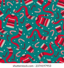 vintage Christmas seamless pattern sweater weather winter background, Christmas sweater, scarf, winter hat holiday repeating tile xmas background, festive Christmas repeat pattern gift wrapping paper