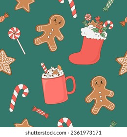 Vintage Christmas seamless pattern with sweets, gingerbread, candy, gifts on green background. Retro cartoon vector illustration. Happy New Year 