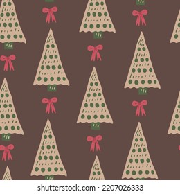 Vintage Christmas seamless pattern with tree and bow. Cute hand drawn cozy Xmas repeat vector illustration with neutral brown color for greeting card, wrapping paper, textile in doodle style