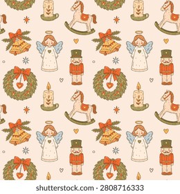 Vintage Christmas seamless pattern vector with angel, toy soldier, Christmas wreath, rocking horse, bells and candle in cute hand drawn doodle style, nostalgic holiday decoration design