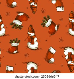 Vintage Christmas Seamless Pattern, winter sketches texture