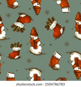 Vintage Christmas Seamless Pattern, winter sketches texture