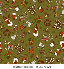 Vintage Christmas Seamless Pattern, winter sketches texture