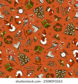 Vintage Weihnachten Nahtloses Muster, Winter Skizzen Textur