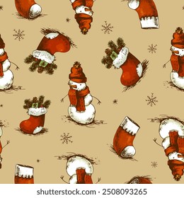 Vintage Weihnachten Nahtloses Muster, Winter Skizzen Textur