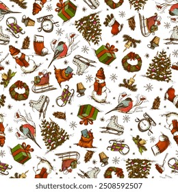 Vintage Christmas Seamless Pattern, winter sketches texture