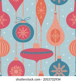 Vintage Christmas seamless pattern with Xmas toys, balls, decoration and snow. Vector illustration in flat retro, vintage style