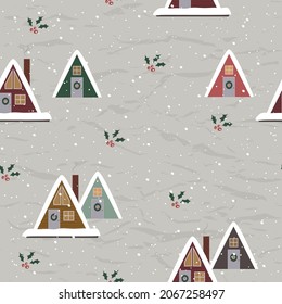 Vintage Christmas seamless texture from New Collection. Cozy triangle houses Scandinavian style. Vector EPS8