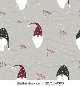 Vintage Christmas seamless texture from New Collection. Cozy Christmas dwarfs and rowan Scandinavian style. Vector EPS8