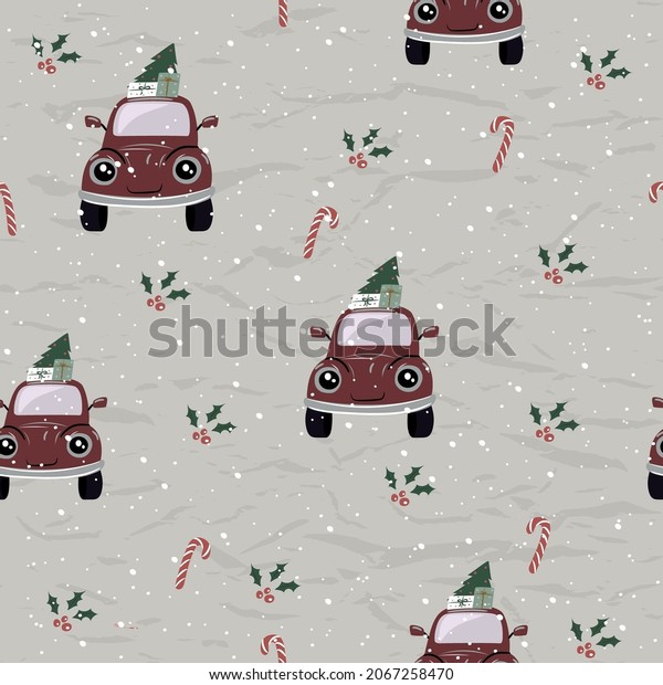 Vintage Christmas\
seamless texture from New Collection. Cute Retro Delivery Car\
Scandinavian style. Vector\
EPS8