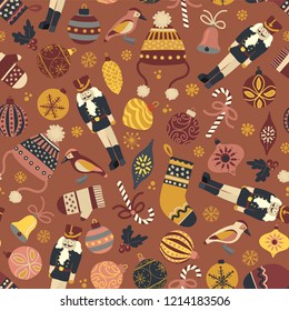 Vintage Christmas seamless vector pattern background. Nutcracker, hat, mitten, stocking, candy cane, bird, ornaments. Repeating retro Christmas design for fabric, gift wrap, greeting card, web banner