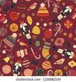 Vintage Christmas seamless vector pattern background. Nutcracker, hat, mitten, stocking, candy cane, bird, ornaments. Repeating retro Christmas design for fabric, gift wrap, greeting card, web banner