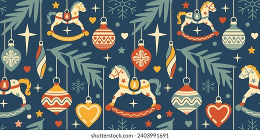 Vintage Christmas seamless wallpaper. Retro flat style vector background. Winter ornament with bauble decorations, rocking horse. Cozy noel horizontal pattern for gift, wrapping paper, fabric.