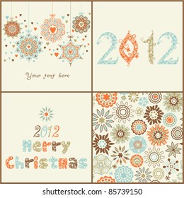  Vintage  Christmas set. of four backgrounds. Retro Christmas  elements for design:ornate  Christmas balls, 2012 ornamental font, seamless texture with snowflakes and stylized  Christmas tree.