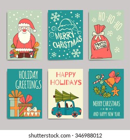 Vintage Christmas set. Vector illustration with cartoon Santa, Christmas tree and gift boxes. Can be used for greeting cards, web banners, notebooks and stationery.