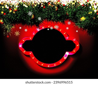 Vintage Christmas sign with light bulbs on a background of fir branches. Vector illustration