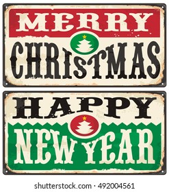 Vintage Christmas sign with old style typography and Christmas tree.