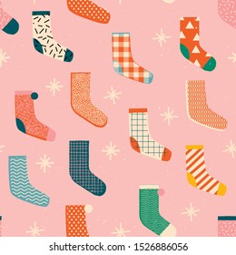 Vintage Christmas socks with presents seamless pattern in vector. Poster or greeting card for new year.