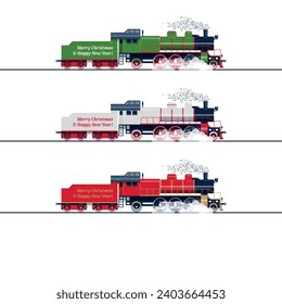 Vintage Christmas steam locomotive in three color options. Side view