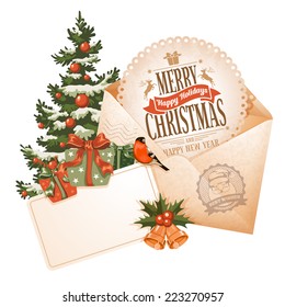 Vintage Christmas still life with envelope, greeting card and other winter holiday objects. Vector illustration isolated on white background.