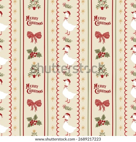 Vintage Christmas striped seamless pattern with goose, red bow knots, ribbons, fir tree. Vector retro winter holiday wallpaper, cute cottagecore print, hand drawn New Year background, wrap paper.