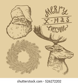 vintage christmas symbols drawing set. santa claus face. pine wreath drawing. reindeer engraving. merry x-mas everyone.