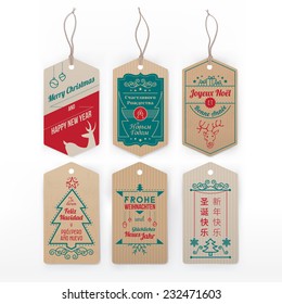 Vintage Christmas tags with text "Merry Christmas and Happy New Year" translated in English, Russian, French, Spanish, German and Chinese.