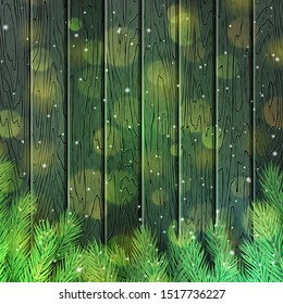 Vintage Christmas template with christmas tree branches and glitter lights. Realistic fir tree branches on wooden textured surface. Happy New Year beautiful design with free space vector illustration.