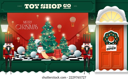 vintage christmas toy store front window display greetings design template vector, illustration