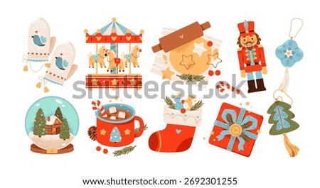Vintage Christmas toys, nutcracker, carousel, hot chocolate, and cozy festive sweets. Festive nostalgia and winter magic, perfect for holiday cards and decorations.