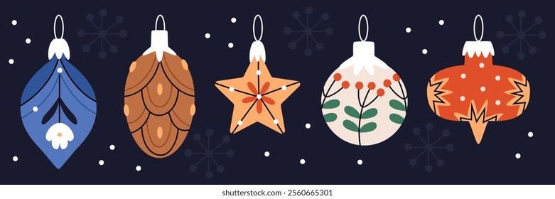 
Vintage Christmas toys. Xmas vintage balls and retro decor for New Year. Flat vector illustration