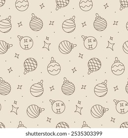 Vintage Christmas tree decorations seamless pattern. Festive vector background with outline xmas baubles, beige color