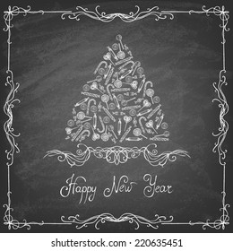 Vintage Christmas tree. Doodle style hard candy set sketch on blackboard. Vector illustration.