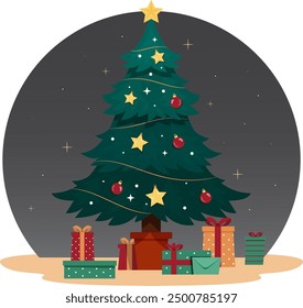 Vintage christmas tree with gifts in night sky