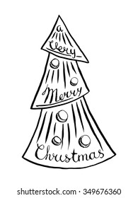 Vintage Christmas tree with lettering/ Hand-drawn ink vector illustration