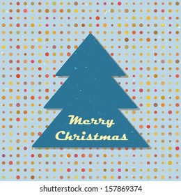 Vintage Christmas tree on random polka dots background.Blue seamless pattern. Background with place for text. Vector illustration. 