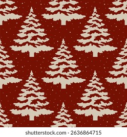  vintage padrão de árvore de Natal em um fundo vermelho profundo com detalhe de neve. Perfeito para projetos de férias, envoltório de presente e decoração sazonal.