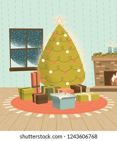 Vintage Christmas Tree with Presents, illustrated in a retro-modern style, colors, and stippling effect