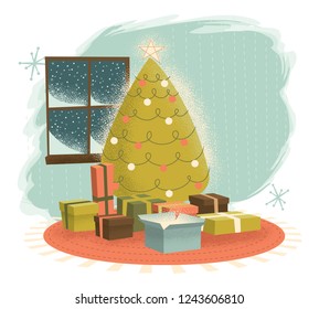 Vintage Christmas Tree with Presents, illustrated in a retro-modern style, colors, and stippling effect