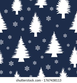 Vintage Christmas tree seamless pattern. Holiday evergreen spruce texture for xmas wrapping paper. Vector isolated elegant fir with sparkles and snowflakes.