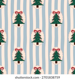 Vintage Christmas Tree Seamless Pattern with Blue and Cream Stripes for Holiday Fabric and Retro Textile Print